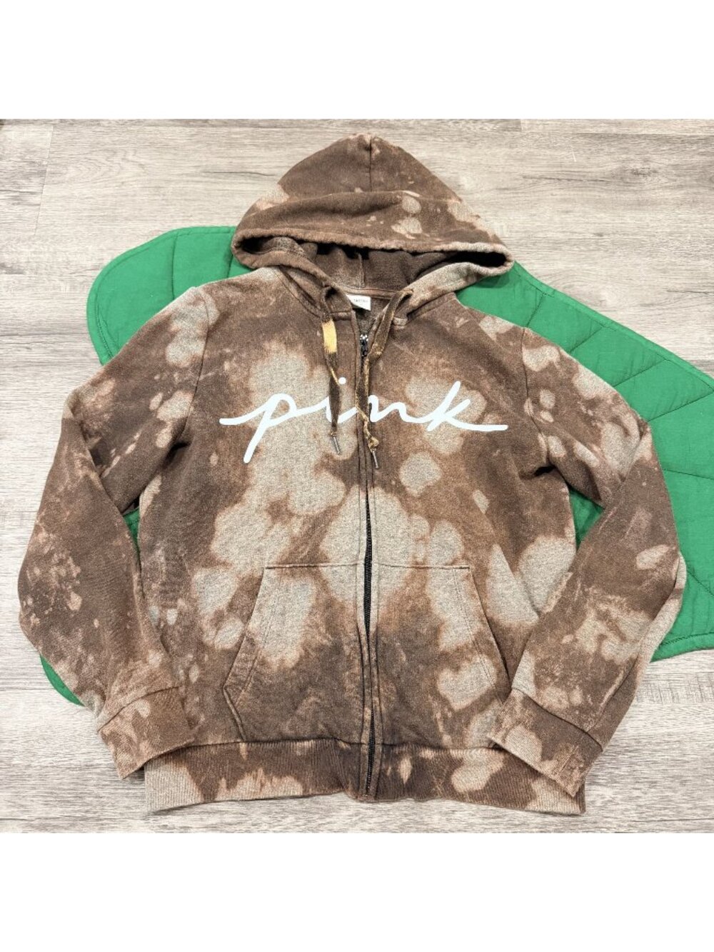 Upcycled Custom Bleach Tie Dye VS Pink Womens Medium Full Zip Sweatshirt Hoodie